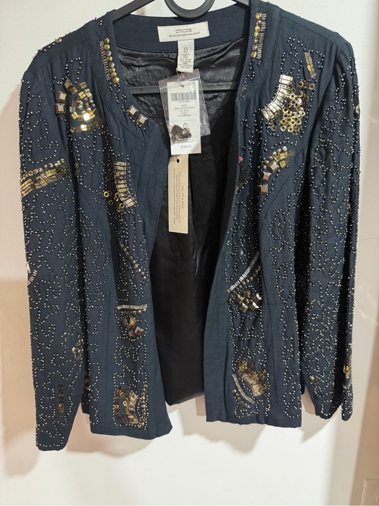 Chico's Jackets & Blazers - Chico's Navy Open-Front Jacket with Gold Bead Embellishment